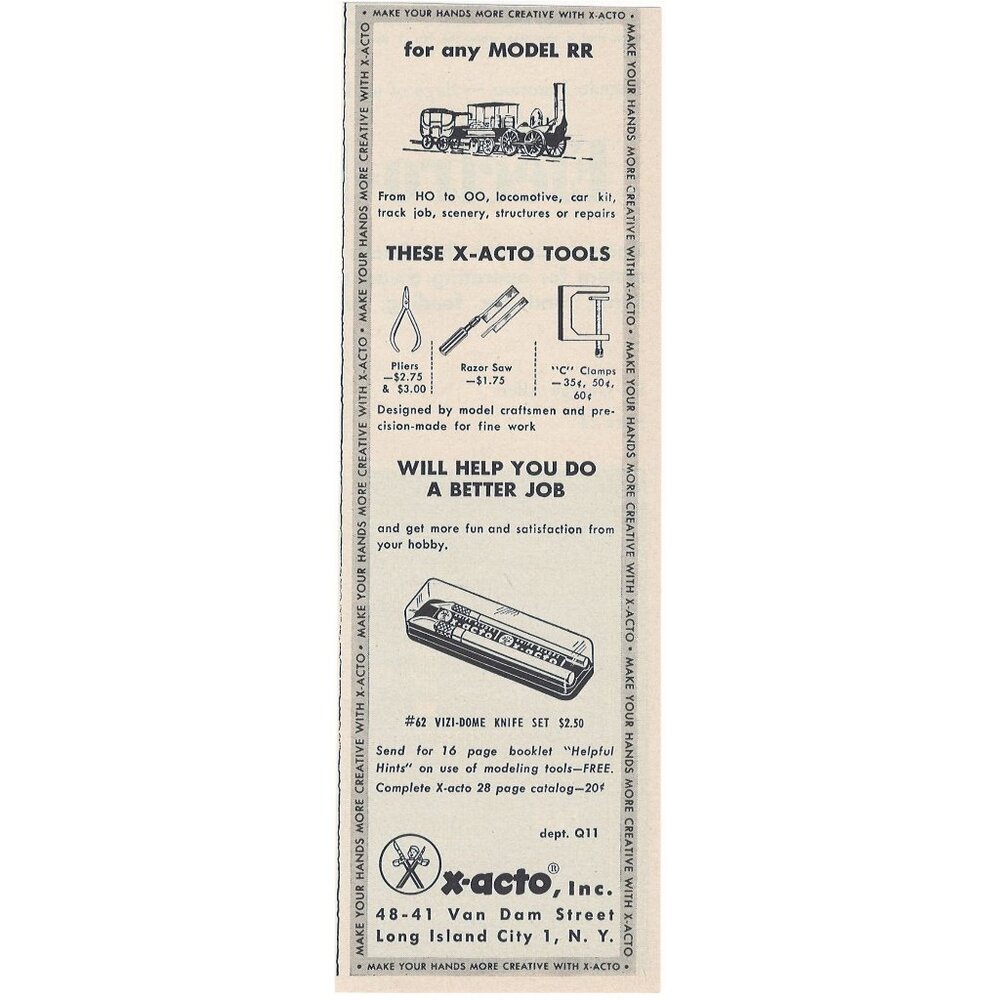 X-Acto Model RR Tools Vintage Print Ad Original 1954 Long Island New York u